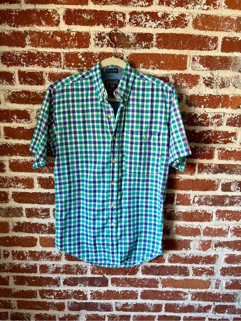 Y2K Vintage Chaps Ralph Lauren Short Sleeve Button Down Blue Green Shirt